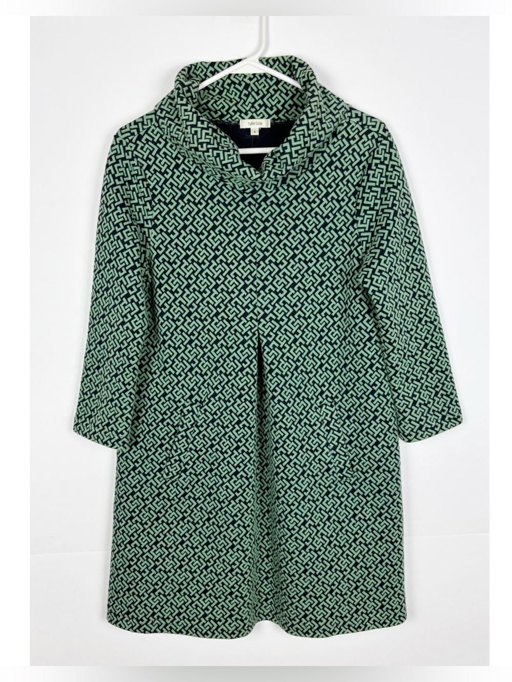 Tyler Boe Kim Cowl Neck Shift Dress Green Small Geometric Pockets Mod Retro